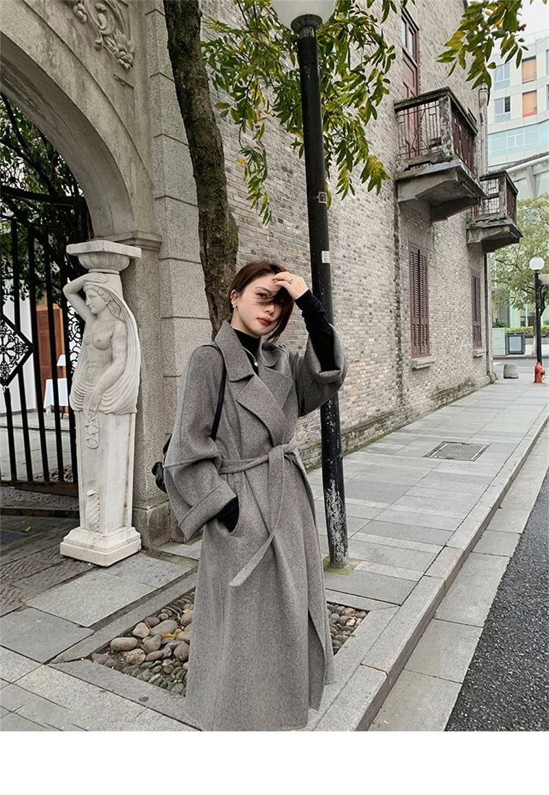 Mode Schwarz Lange Woolen Mantel Mit Gürtel Frauen Lose Revers Mantel Herbst Winter Warme Dame Oberbekleidung High Street