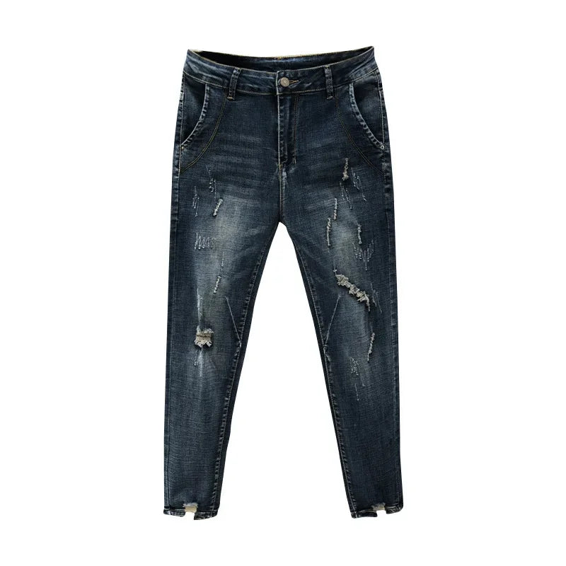 Trendy Unique Holed Men's Jeans Straight Leg Slim Fit Cropped Pants Summer Style Casual Business Fashion Shorts For Men.