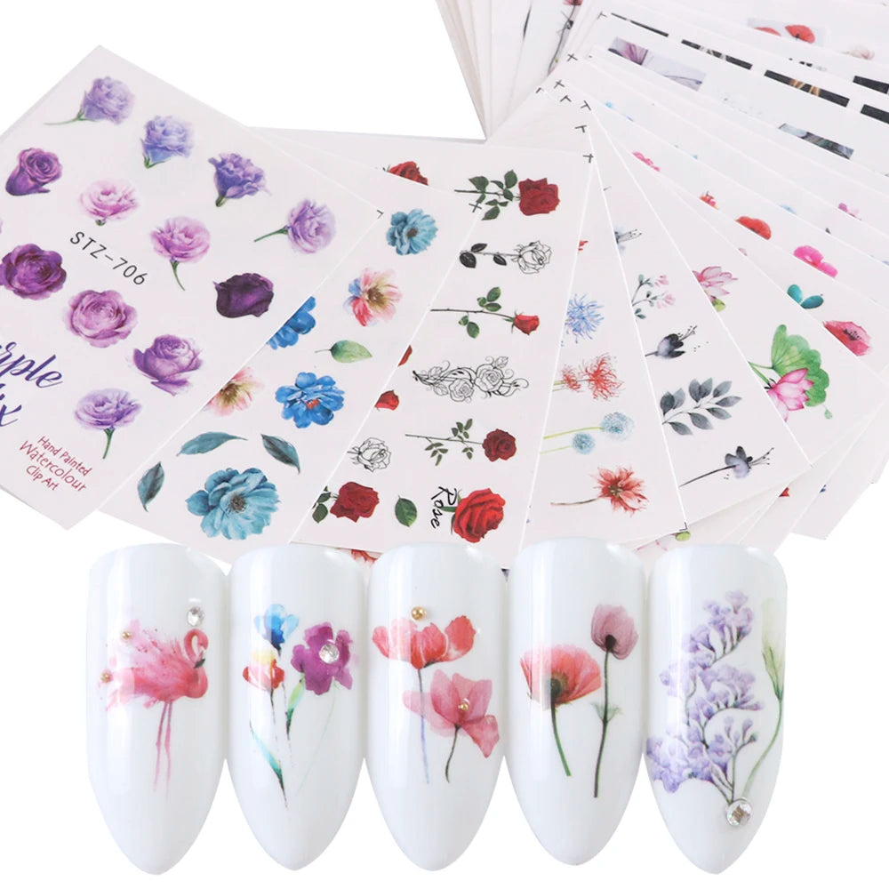 1Set Watercolor Xmas Flower Sticker Nail Decal Set Flamingo Letter Design Gel Manicure Decor Water Slider Foil CHSTZ683-706-1.