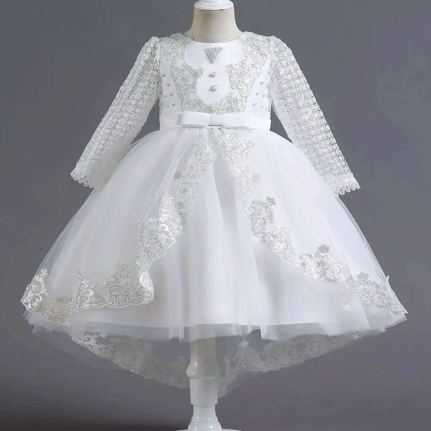 Party-Tüll-Kleider für Mädchen, langärmelig, Spitze, Perlen, nachgestelltes Prinzessinnenkleid für Kinder, Hochzeit, Geburtstag, Performance, Abendkleid.