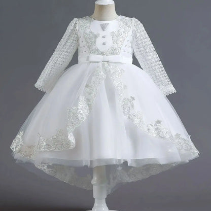 Party-Tüll-Kleider für Mädchen, langärmelig, Spitze, Perlen, nachgestelltes Prinzessinnenkleid für Kinder, Hochzeit, Geburtstag, Performance, Abendkleid.