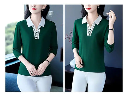 2025 Autumn New Women Clothes Office Lady Simplicity Patchwork Polo-Neck Top Tee Ladies Fashion Loose Buttons Long Sleeve Shirts.