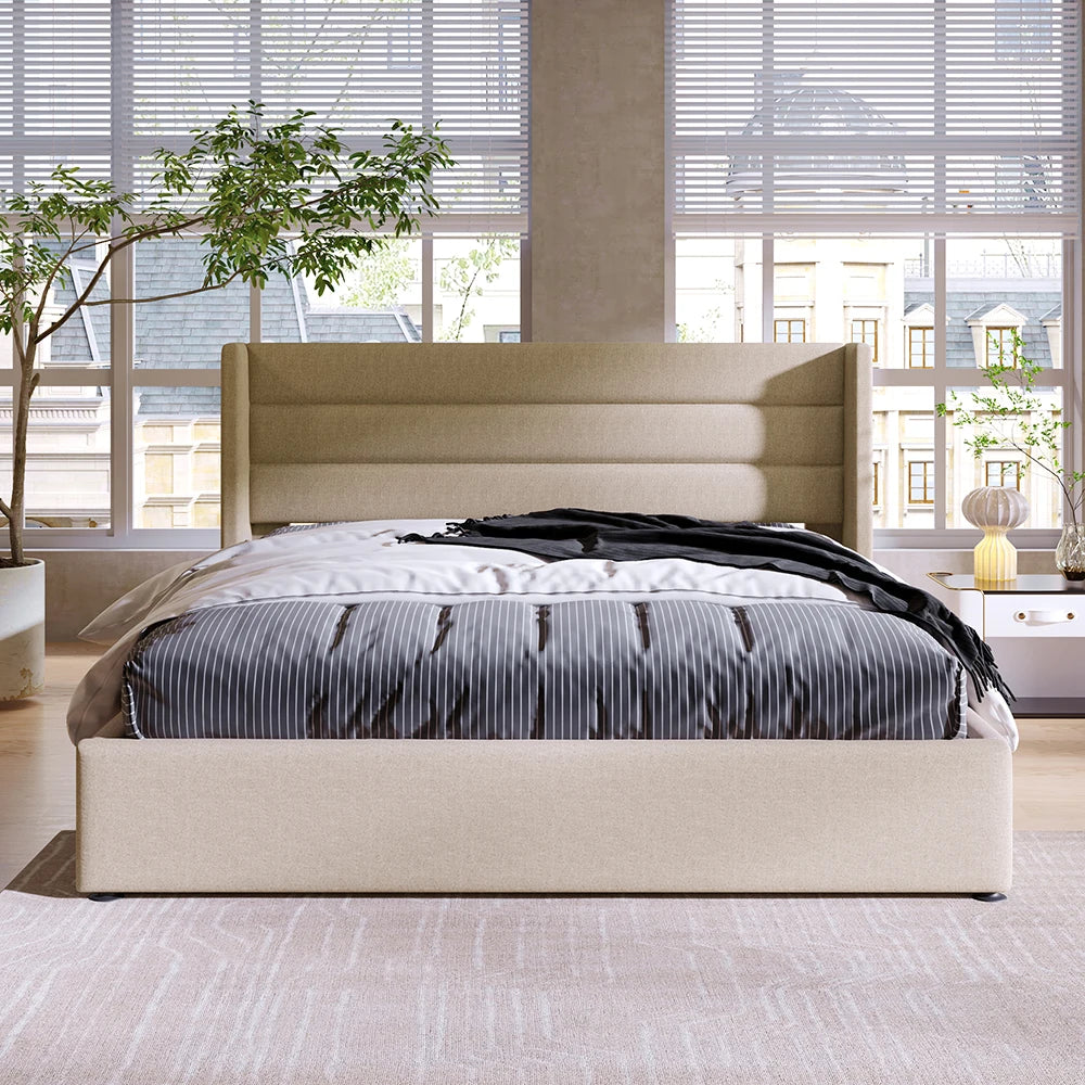 KOMHTOM Stauraumbett Polsterbett Hydraulisch 140x200cm Beige Leinen
