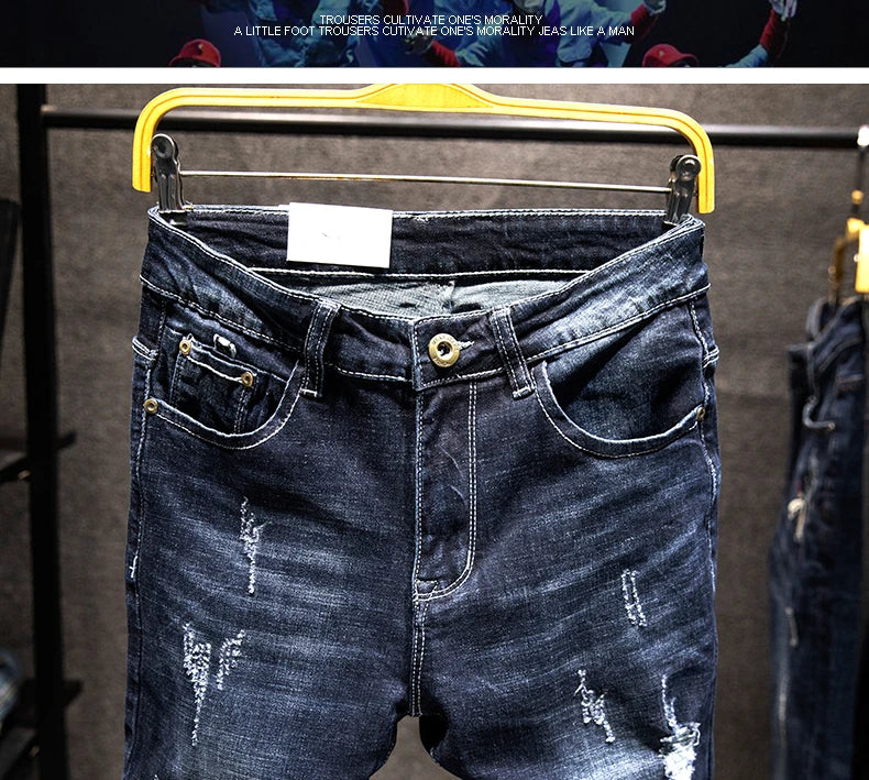 2025 New Ripped Jeans Men Slim-fit Denim Pants Cotton Korean Style Fashion Elasticity Versatile Blue Black Men's Clothing.