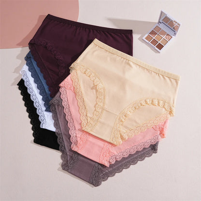 FINETOO 5Pcs Women Cotton Lace Underwear Sexy Seamless Breathable Panties Plus Size Mid-Waist Briefs Female Solid Soft Lingerie.