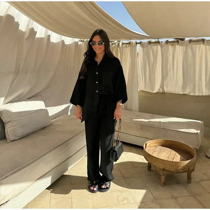 Women Vintage Solid Loose Pants Suit Lapel Single Breasted Long Sleeve Shirt Wide Leg Pants 2 Pcs Set 2025 New Ladies Streetwear.