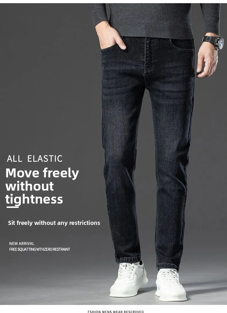 Autumn New Men's Business Jeans High Elasticity Straight Denim Trousers Men's Pants Work Clothes Haze Blue Black Gray Brand.