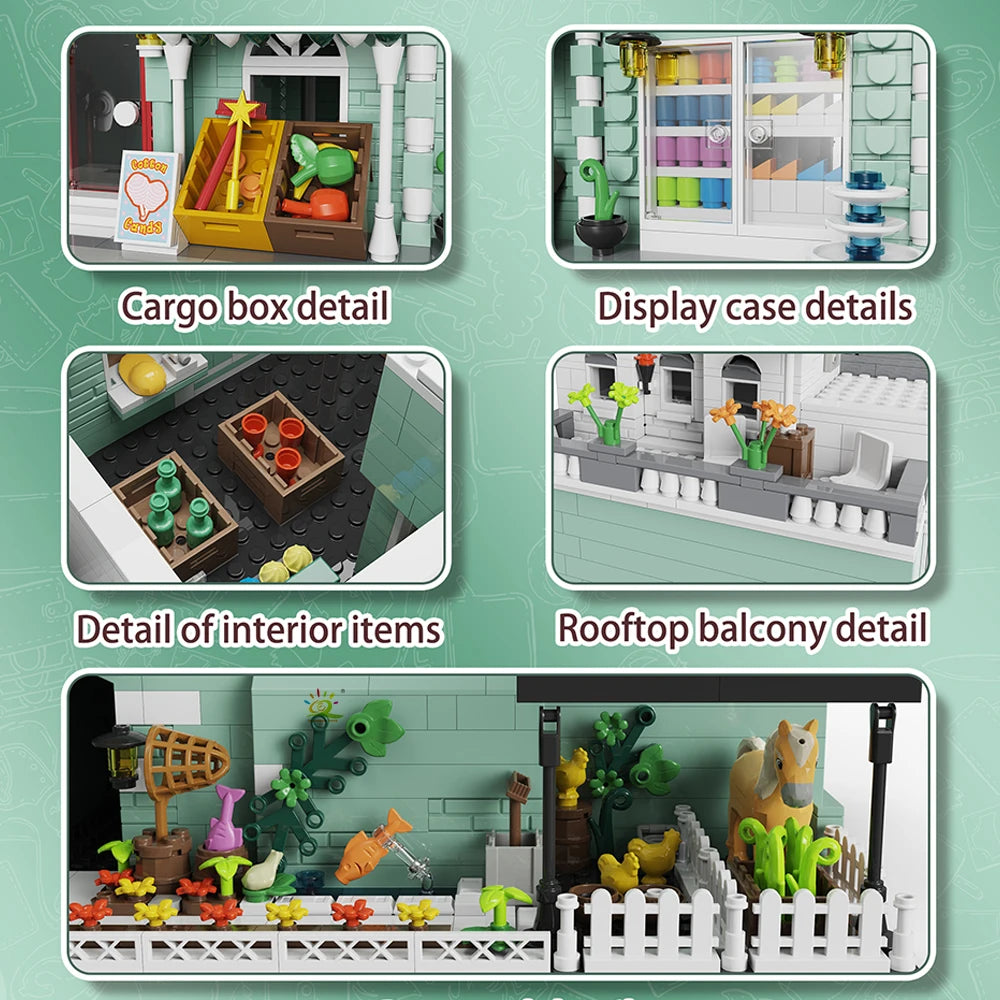 HUIQIBAO Toys MOC City Corner Coffee Shop Architecture Style Street View Micro Building Blocks for Children Construction Bricks.