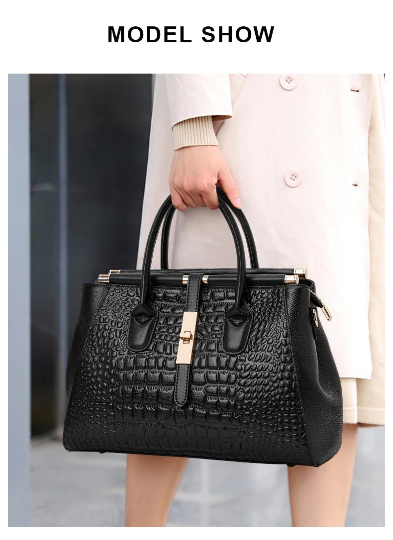 Aidrani Genuine leather women's handbag, fashion crocodile pattern design, high-end luxury cowhide bag large capacity.