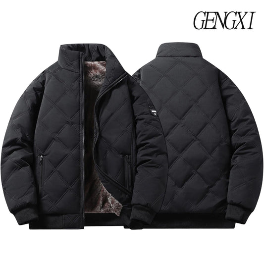 New Windproof Thermal Diamond-Quilted Cotton Jacket Winter Men's Fleece-Lined Thickened Cuff Design Stand-Up Collar Jacket.