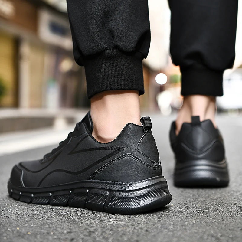 YRZL Black Running Shoes Leather Waterproof Athletic Sneakers Men Wear-resistant Men Walking Sport Shoes Comfortable Men Shoes.