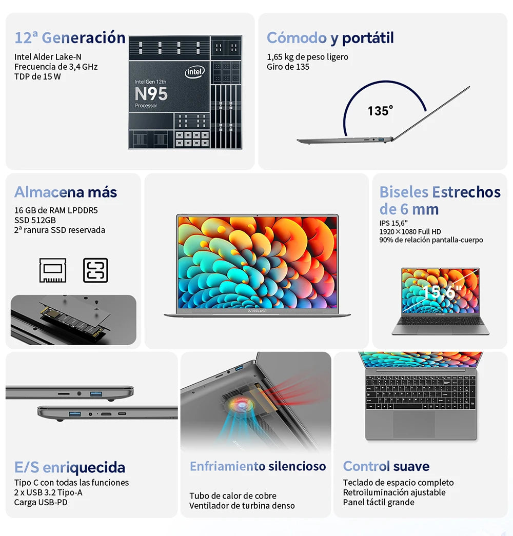 【New】Teclast F16Pro Laptop 15.6 Inch 1920X1080, 12Gb / 16Gb Ram, 256Gb / 512Gb Rom, Backlit Keyboard, for Intel N95, Mini-Hdmi.