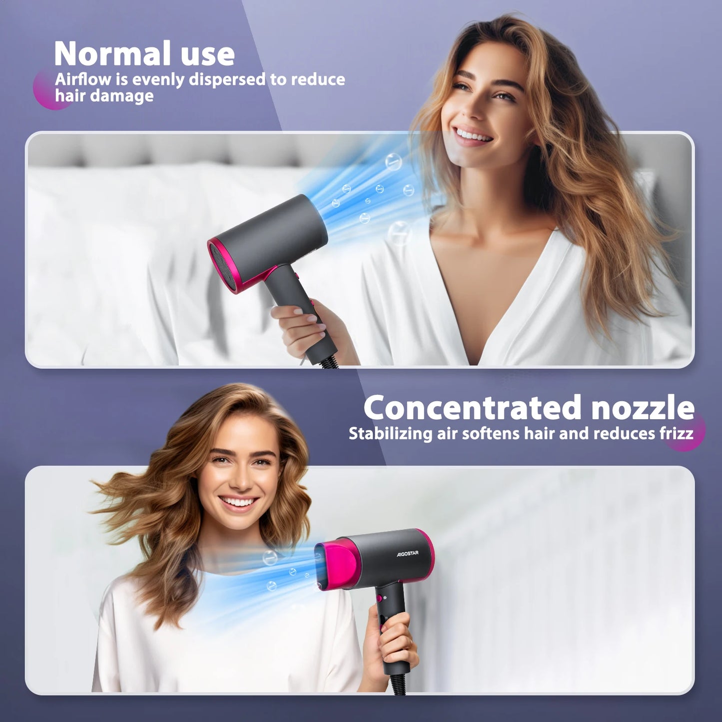 Aigostar Professional Hair Dryer, 2200W Hair Dryer, Negative Ion Technology, 2 Speed, 2 Heat and Cold Air Settings, Lightweight