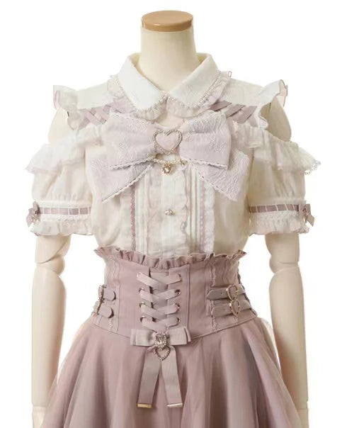 Japanese Liz New Summer Lace Edge Leather Ring High Waist Pleated Skirt Ribbon Bow All-match Short Skirts Big Bow Lolita Blouses