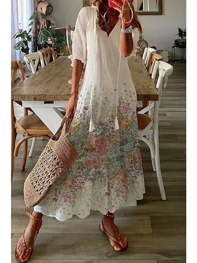 Neue frauen Frühling Sommer Kleid Sexy V-ausschnitt Kordelzug Gedruckt Lange-ärmeln Kleid Beiläufige Lose Mode Elegante Frische Süße kleid