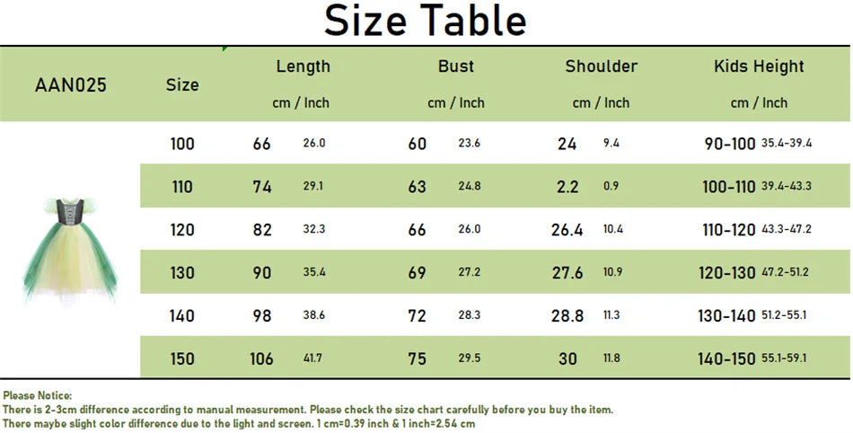 Anna Grünes Kleid Mädchen Spitze Tüll Elegantes Kleid Kinder Bühnenshow Prinzessin Kostüm Kinder Purim Cosplay Kleidung.