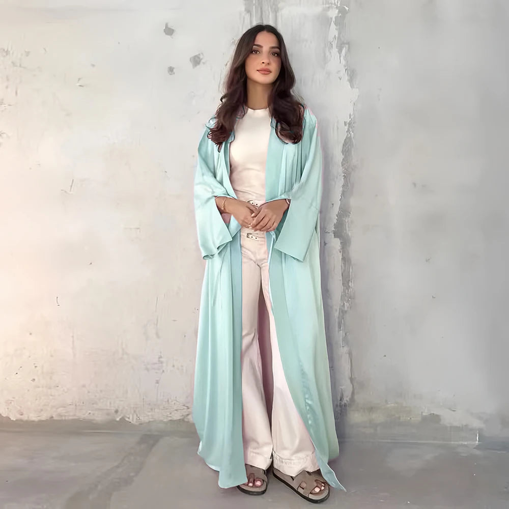 Girl Muslim Palestine Kaftan Dress Open Satin Kimono Pink Abaya Women Dubai Clothing Kebaya Robe Caftan Marocain Femme Musulmane.