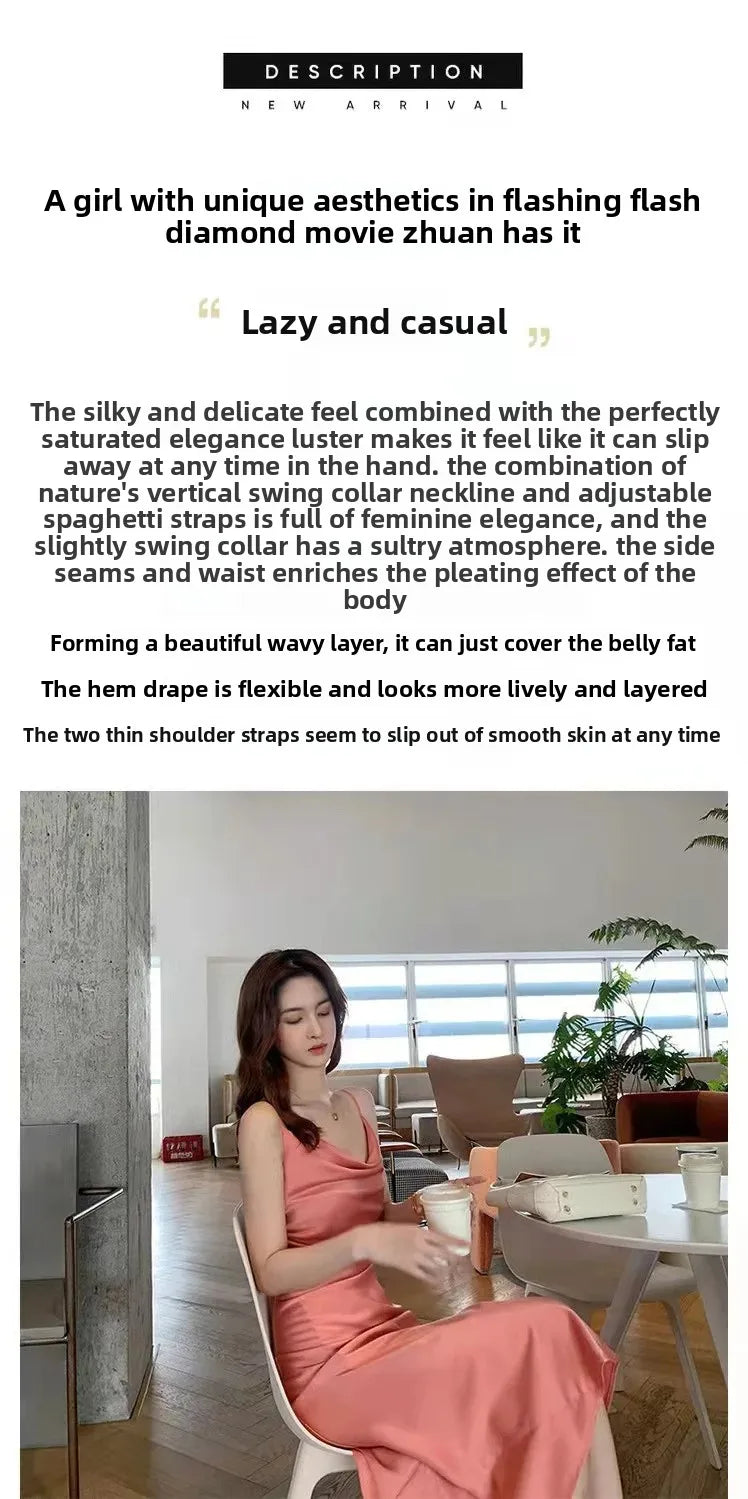 Chiffon-Stoff, Neckholder, mittellanges Kleid für Damen, Sommer, neuer sanfter Stil, schlankmachende Taille, A-Linien-Rock, Polyesterfaser, ärmellos.