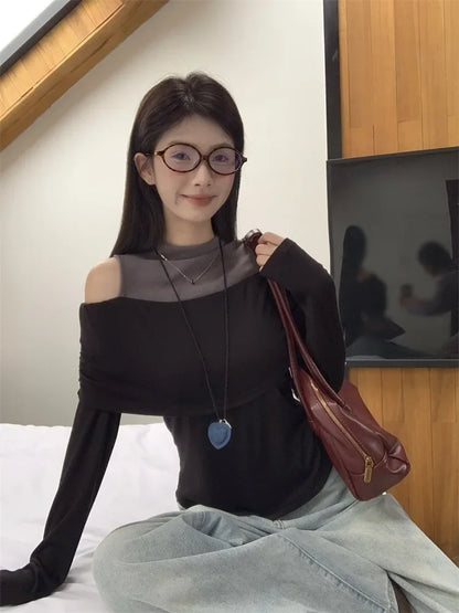 Retro American Shoulder Bared Long Sleeve T Shirt Women Spring Autumn Spicy Girl Fake Two Piece Base Shirt High Collar Polyester.