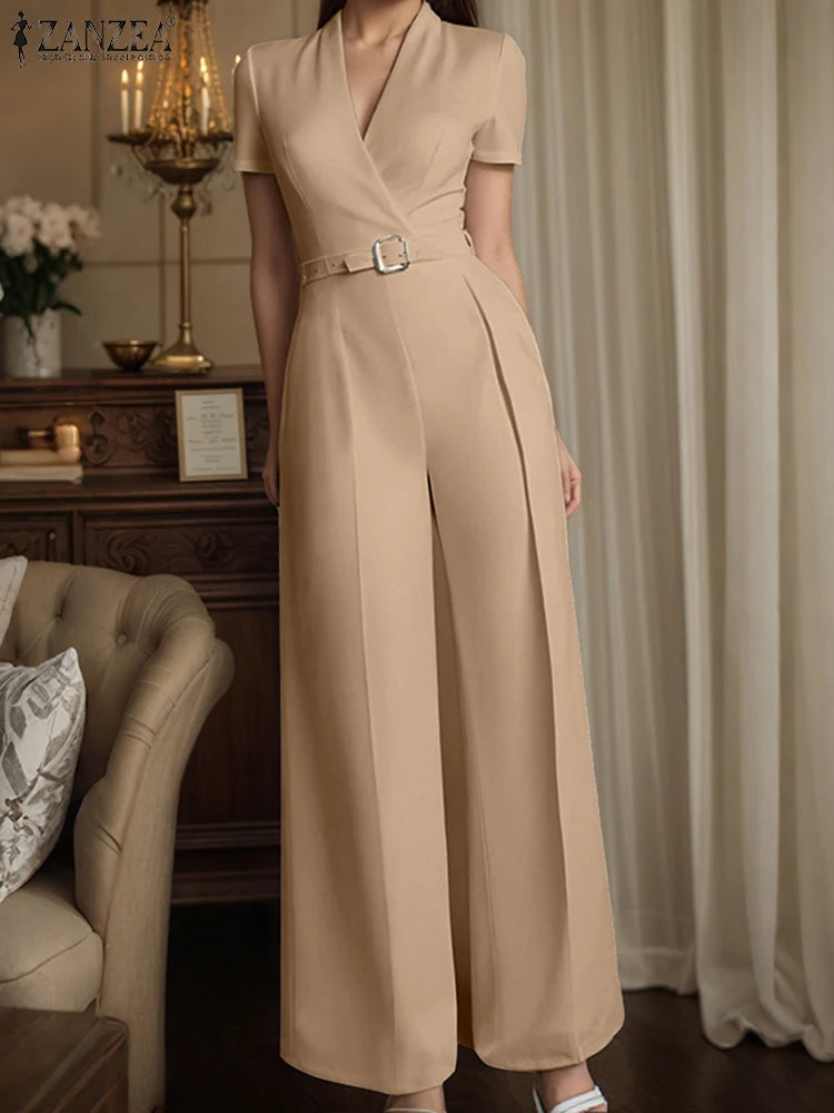 ZANZEA Street Fashion High Waist Jumpsuits Women Workwear Belt Rompers Solid Deep V Neck Elegant Office Lady Long Overalls.