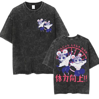 Japanese Anime Demon Slayer Uzui Tengen Vintage Washed T Shirts Funny Ninja Mice Muki Muki Gym Muscular Mouse Oversized T-shirt.