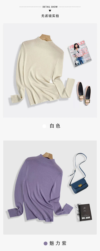 100% Ultra-fine Merino Wool Sweater Autumn and Winter Loose and Simple Semi-turtleneck Wool Bottoming Shirt Multi-color Sweater.