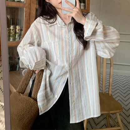 Vintage Office Lady Striped Shirt Spring Pocket Turn Down Collar Tops Korean Style Loose Long Sleeve Blouse Casual Women Clothes.