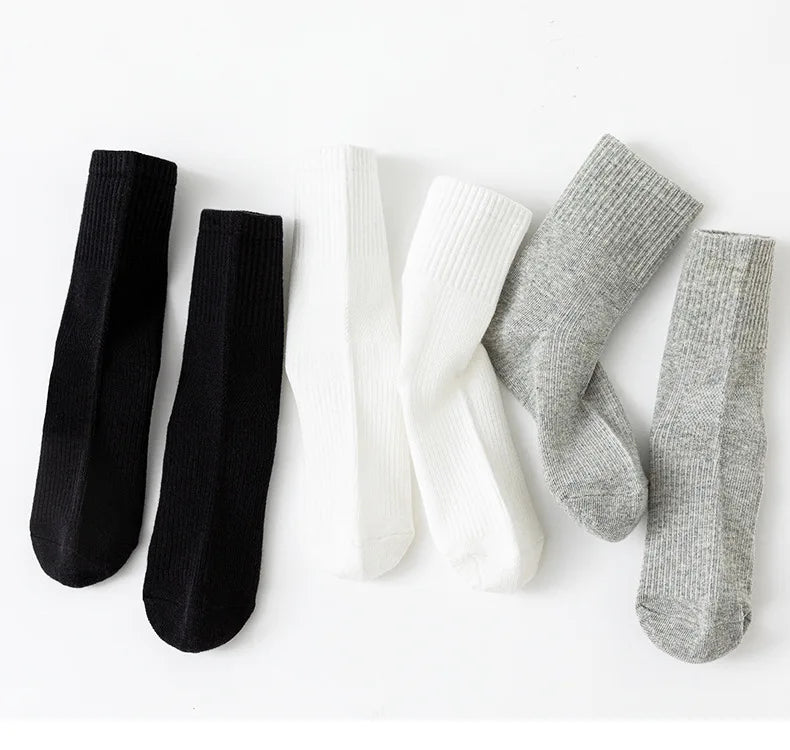 5 Pairs Pure Cotton Children Boy Socks Black White Grey Solid Color Unisex Breathable Sports School Socks Baby Girl Calf Socks.