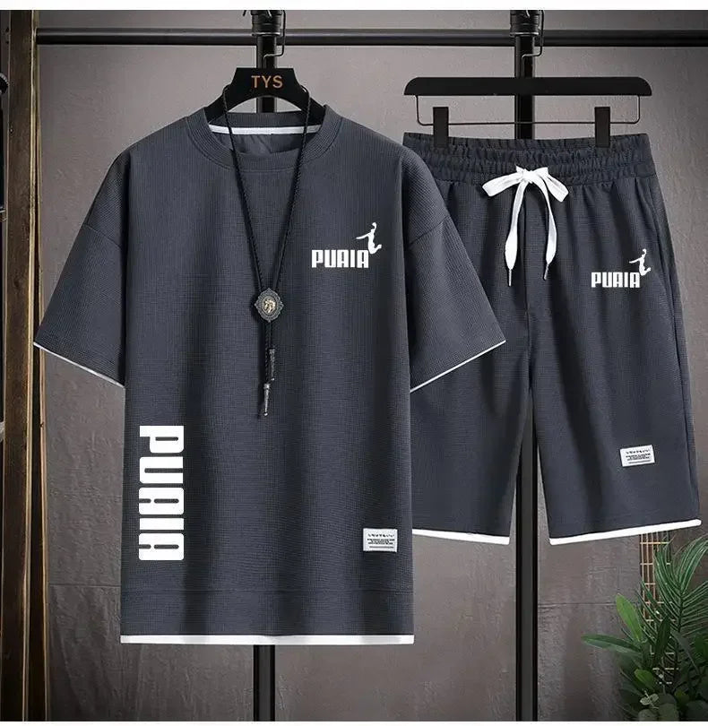 Summer 2025 Men's breathable fitness set, round-neck sports short-sleeved T-shirt + casual running shorts, 2-piece set, M-3XL