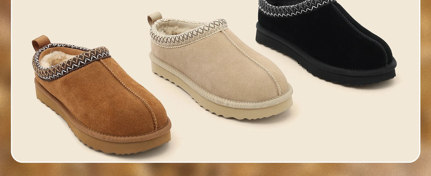 Litfun Winter Genuine Suede Snow Boots For Women Water Resistant Slides Soft Sole Ankle Boots Plush Lining Warm House Slippers.