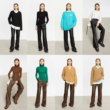 AMII Minimalist Casual Pants for Women 2025 Autumn Clothing PU Leather Loose Straight Pants Slit Office Lady Trousers 12343250.