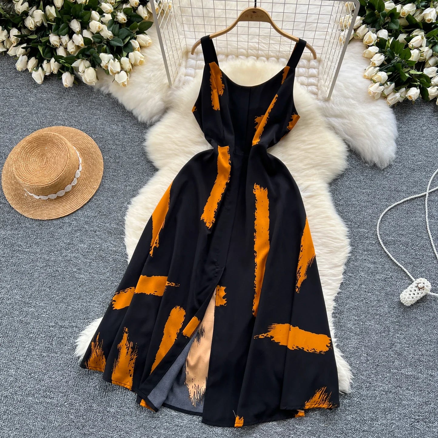 Neue Sommer Druck Süße Kleid Träger O Neck Backless Split Elegante Damen Urlaub Strand Party Midi Sommerkleid