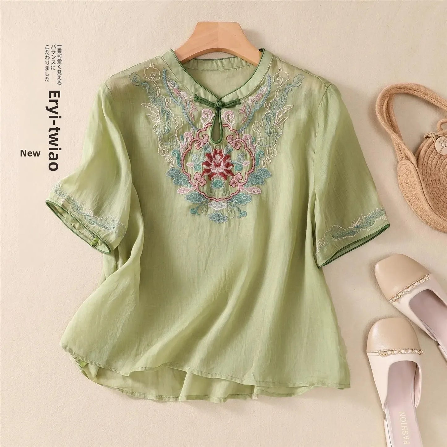 Retro Chinesischen Stil Lose Fit Baumwolle Leinen Kurzarm Shirt frauen Sommer Schwere Stickerei Abnehmen Top Flagge Kleid