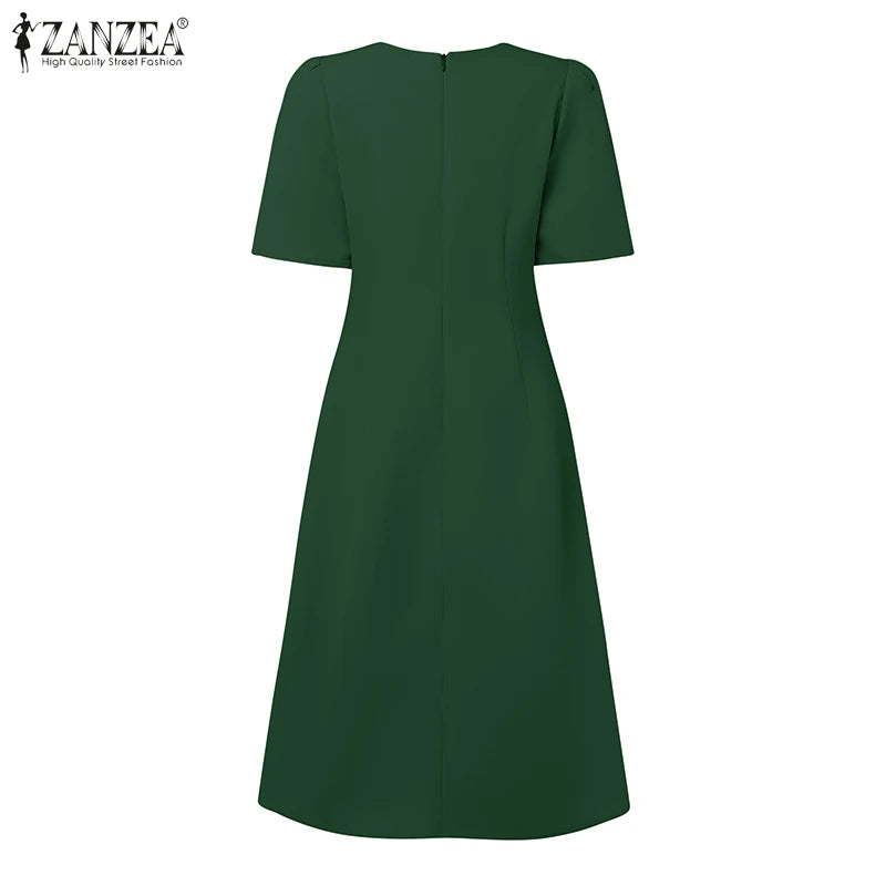 ZANZEA Elegante Büro Frauen Kleider Sommer Stilvolle Solide Party Arbeit Kleid Mode Kurzarm Plissee Vestidos Midi Sommerkleid.