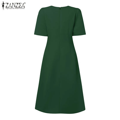 ZANZEA Elegante Büro Frauen Kleider Sommer Stilvolle Solide Party Arbeit Kleid Mode Kurzarm Plissee Vestidos Midi Sommerkleid.