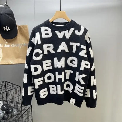 Sweater Men's Clothing Winter Full-print Letter Jacquard Loose Thickened Design Round Neck Top Trendy American Style Sweater.