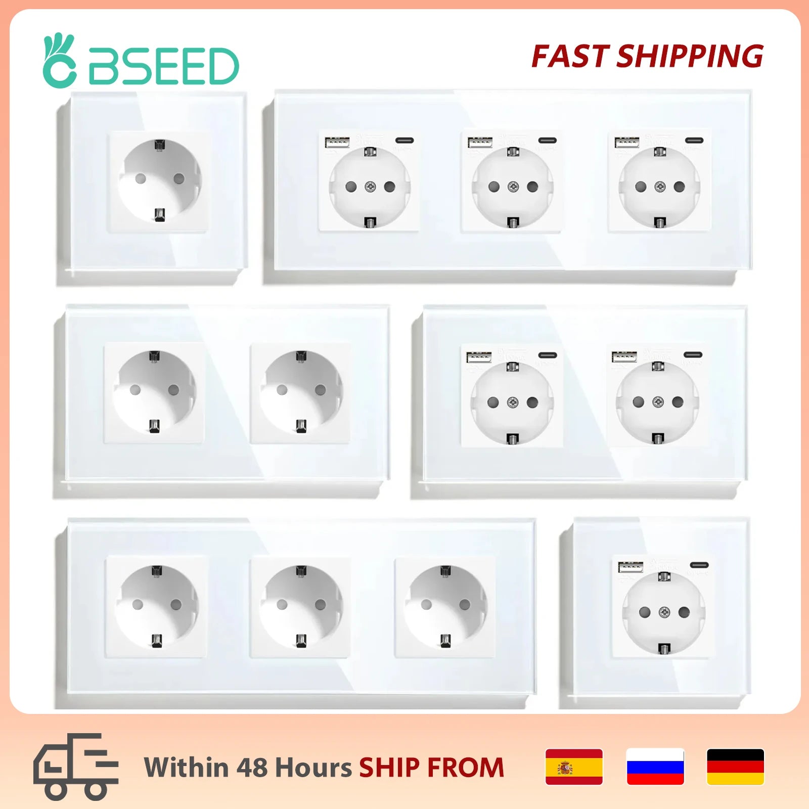 BSEED EU-Standard, einzelne Steckdose, Touch-Schalter, USB-Wandsteckdosen, Doppelsteckdosen, dreifache Steckdosen, vierfache Glassteckdosen.