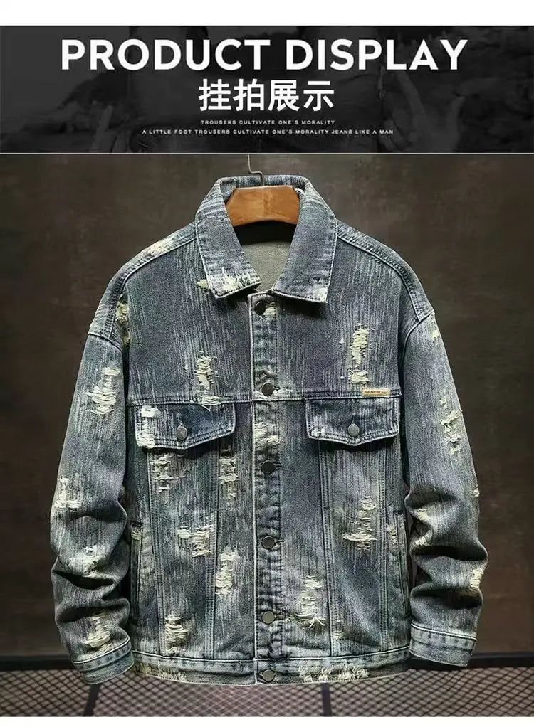 Spring Autumn New American Denim Coats Set Classic  retro Cowboy Jeans Trendy Two-Piece Sets Versatile Outerwear Casual Jacket.