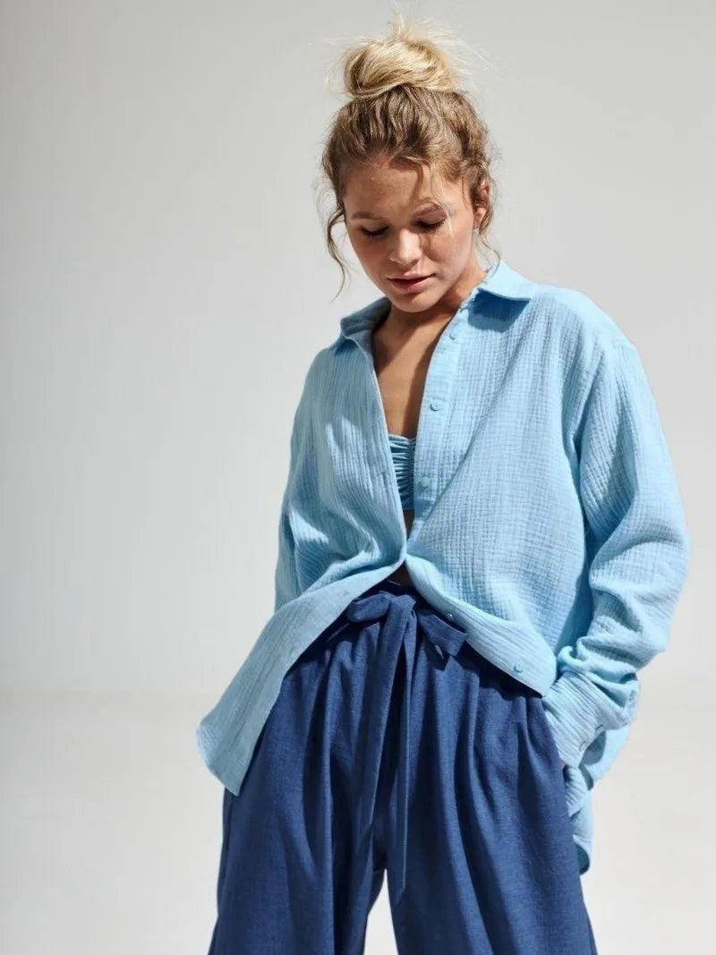 Muslin 100% Cotton Gauze Crepe For Women Shirts Blouse Turn Down Long Sleeve Single-Breasted Office Lady Loose Top Blusas Mujer.