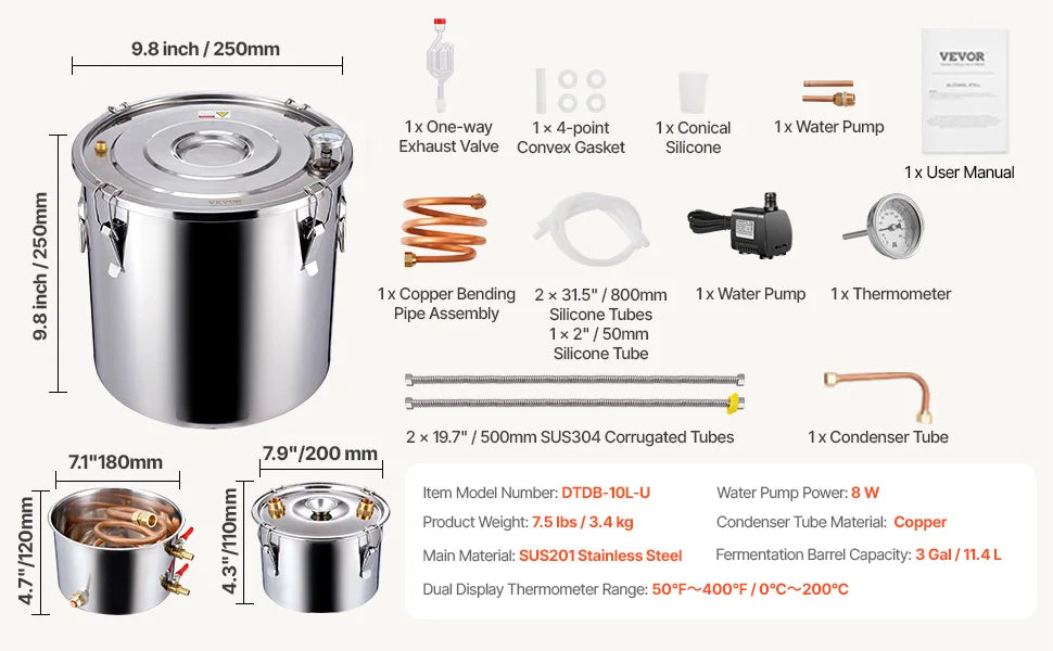 SucceBuy Alcohol Still Stainless Steel Water Alcohol Distiller Fast Cooling Dual Condenser Distiller Kit for Wine Whisky Brandy.