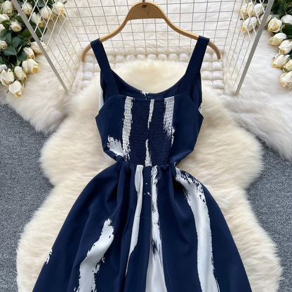 Neue Sommer Druck Süße Kleid Träger O Neck Backless Split Elegante Damen Urlaub Strand Party Midi Sommerkleid.