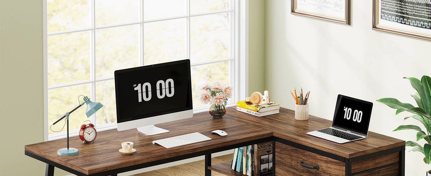 L-förmiger Computertisch mit 3 Schubladen, Home-Office-Schreibtisch mit Regalen, 53-Zoll-Industrie-PC-Schreibtisch für kleine Räume, rustikales Braun