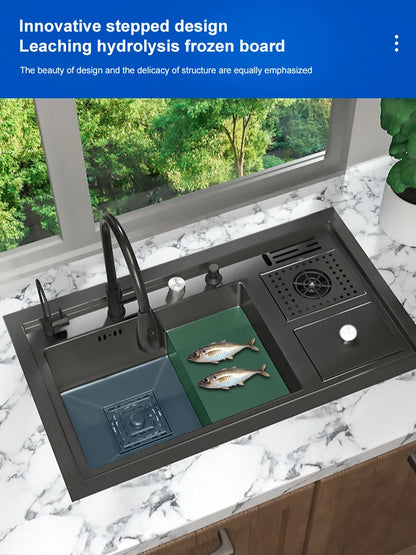 Stepped Stainless Steel Sink Kitchen with Cup Washer Multifunctional Large Single Slot Washbasin Dishwasher Sinks
