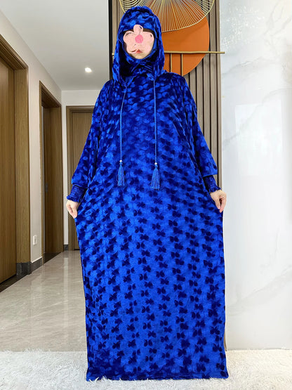 High Quality Velvet Fabric 2025 Ramadan Muslim Lady's Abaya Two-Hats Dubai Turkey Style Islamic Prayer Clothing Kaftan Dress.