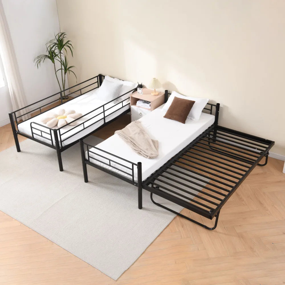 Etagenbett aus Metall, 90 x 200 cm, Etagenbett mit ausklappbarem Bett, erweiterbar auf zwei Einzelbetten oder Erwachsenenbetten, Schwarz