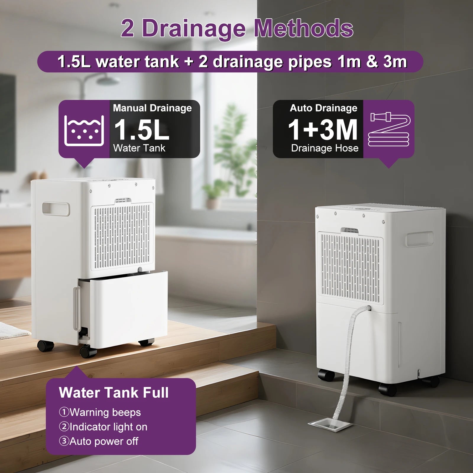 LOEFME 8L Electric Dehumidifier with Automatic Humidity Sensor & Display 24Hr Timer, Laundry Drying, Continuous Drainage 1m & 3m.