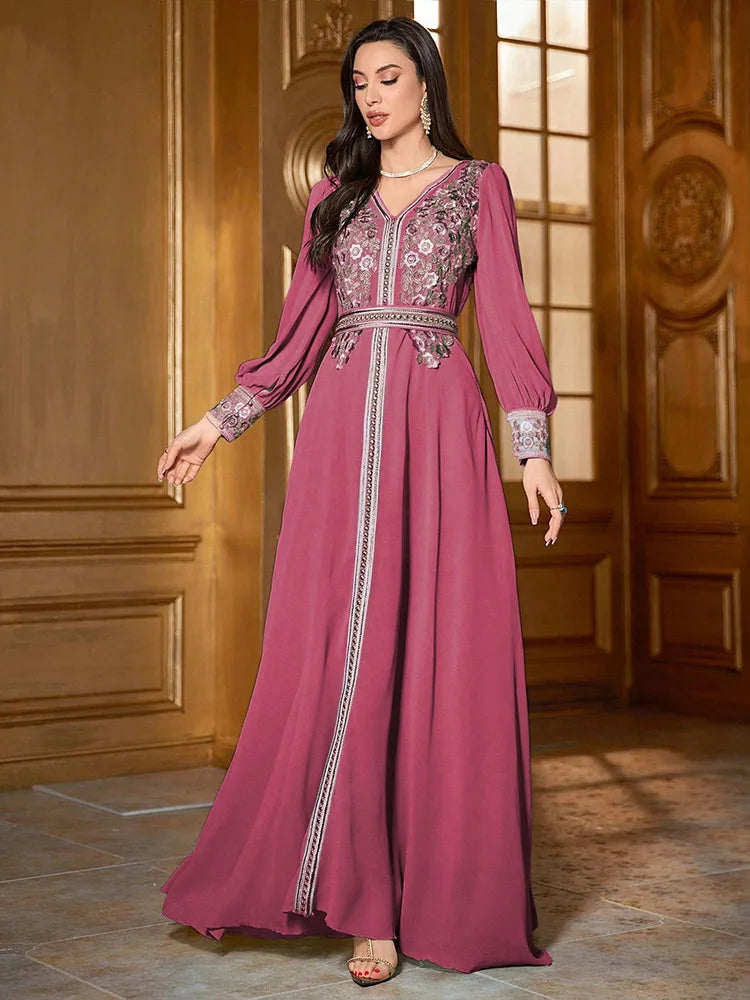 Eid Frauen Kleid Abaya Kaftan Muslimischen V-ausschnitt Stickerei Party Robe Jalabiya Ramadan Marokko Dubai Kaftan 2025, Vestidos Largos.