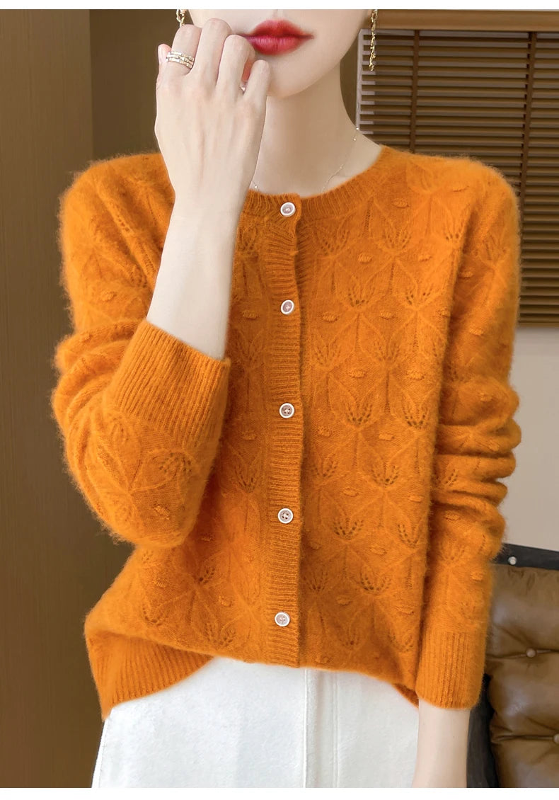 2024 Autumn And Winter New Round Neck Hollowed Out 100 Wool Knitted Cardigan Women's Versatile Coat Loose Casual Sweater DMR281