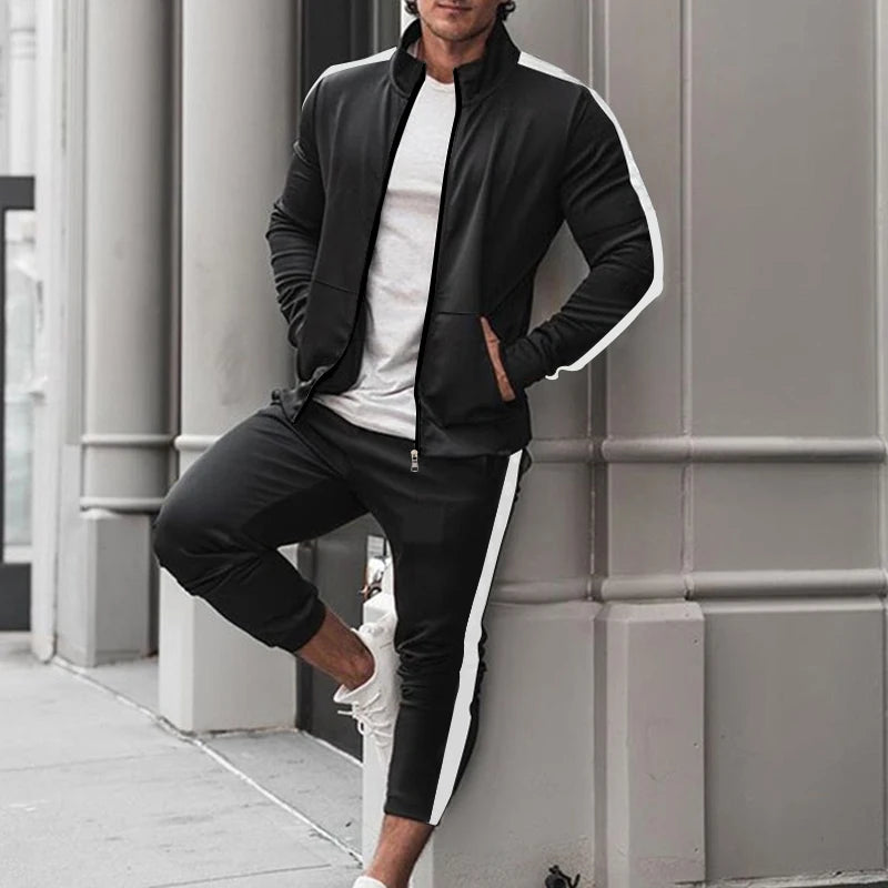 2025 Europe and the United States Spring and Autumn Outdoor New Leisure Men's Sports Suit Color Contrast Outdoor Men's 2 Pieces.