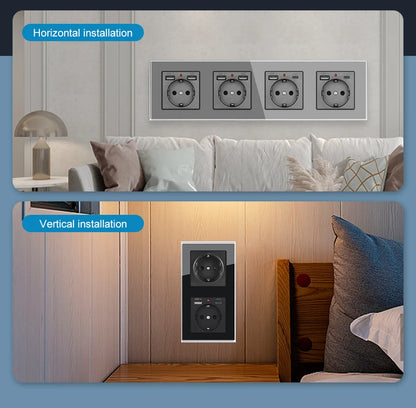 SRAN Eu-Steckdosen 220 V 16 A 82 x 82 mm Glas-Doppel-Dreifach-Wandstecker Russland Spanien Eingebautes Heimbüro.